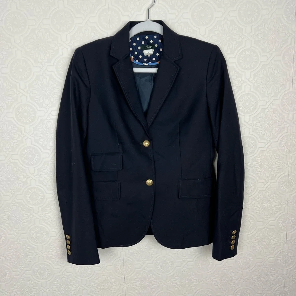 J Crew 100% Wool Navy Blue Blazer Jacket Preppy Dark Academia Career Work‎